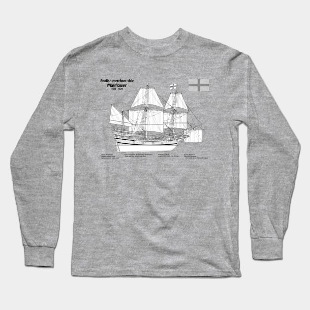 Mayflower plans. America 17th century Pilgrims ship - SBpng Long Sleeve T-Shirt by SPJE Illustration Photography